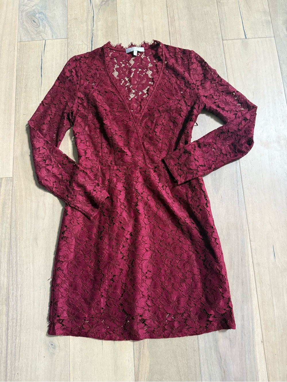 Wayf Burgundy Lace Long-Sleeve Wrap Dress